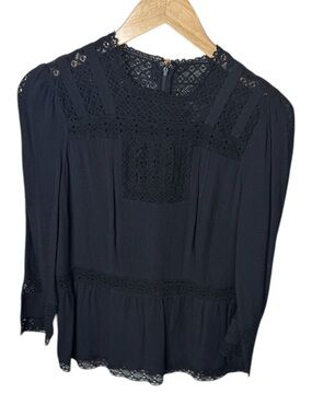 JCrew Point Sur Black Lace Peplum 3/4 Sleeve Blouse.  Size 2